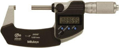 Mitutoyo - 1 to 2 Inch Range, 0 Inch Resolution, Standard Throat, IP65 Electronic Outside Micrometer - 0.0001 Inch Accuracy, Ratchet Friction Thimble, Rotating Spindle, SR44 Battery, Includes NIST Traceability Certification - Strong Tooling