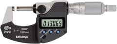 Mitutoyo - 0 to 1 Inch Range, 0.0001 Inch Resolution, Standard Throat, IP65 Electronic Outside Micrometer - 0.0001 Inch Accuracy, Ratchet Stop Thimble, Rotating Spindle, SR44 Battery, Includes NIST Traceability Certification - Strong Tooling