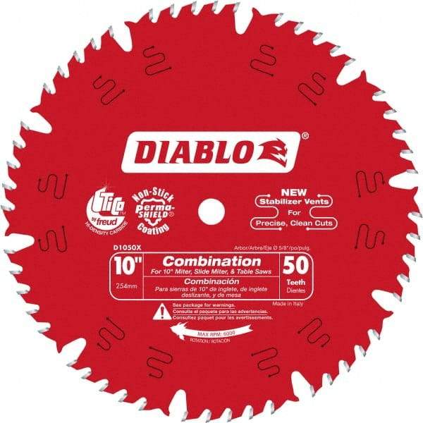 Freud - 10" Diam, 5/8" Arbor Hole Diam, 50 Tooth Wet & Dry Cut Saw Blade - Carbide-Tipped, Standard Round Arbor - Strong Tooling