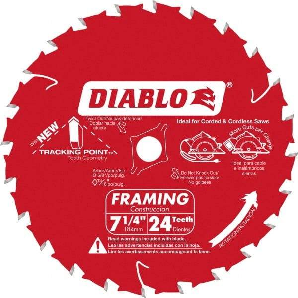 Freud - 7-1/4" Diam, 5/8" Arbor Hole Diam, 24 Tooth Wet & Dry Cut Saw Blade - Carbide-Tipped, Standard Round Arbor - Strong Tooling