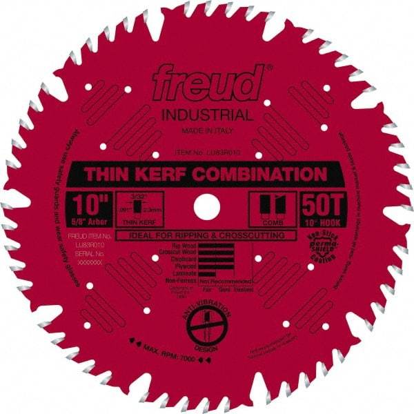 Freud - 10" Diam, 5/8" Arbor Hole Diam, 50 Tooth Wet & Dry Cut Saw Blade - Carbide-Tipped, Combination Action, Standard Round Arbor - Strong Tooling