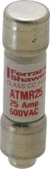 Ferraz Shawmut - 600 VAC/VDC, 25 Amp, Fast-Acting General Purpose Fuse - Clip Mount, 1-1/2" OAL, 100 at DC, 200 at AC kA Rating, 13/32" Diam - Strong Tooling