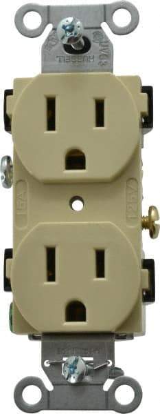 Hubbell Wiring Device-Kellems - 125 VAC, 15 Amp, 5-15R NEMA Configuration, Ivory, Specification Grade, Self Grounding Duplex Receptacle - 1 Phase, 2 Poles, 3 Wire, Flush Mount - Strong Tooling