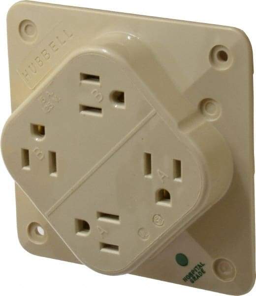 Hubbell Wiring Device-Kellems - 125 VAC, 15 Amp, 5-15R NEMA Configuration, Ivory, Hospital Grade, Self Grounding Fourplex Receptacle - 1 Phase, 2 Poles, 3 Wire, Flush Mount, Impact Resistant - Strong Tooling