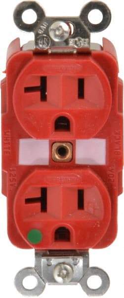 Hubbell Wiring Device-Kellems - 125 VAC, 20 Amp, 5-20R NEMA Configuration, Red, Hospital Grade, Self Grounding Duplex Receptacle - 1 Phase, 2 Poles, 3 Wire, Flush Mount, Tamper Resistant - Strong Tooling