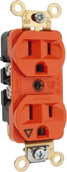 Hubbell Wiring Device-Kellems - 125 VAC, 15 Amp, 5-15R NEMA Configuration, Orange, Specification Grade, Isolated Ground Duplex Receptacle - 1 Phase, 2 Poles, 3 Wire, Flush Mount, Corrosion, Heat and Impact Resistant - Strong Tooling