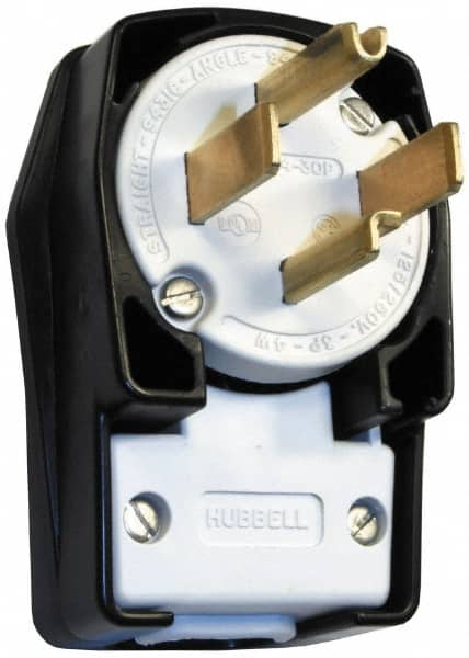 Hubbell Wiring Device-Kellems - 125/250 VAC, 30 Amp, 14-30P NEMA, Angled, Self Grounding, Commercial, Industrial Grade Plug - 3 Pole, 4 Wire, 1 Phase, 2 hp, Nylon, Black, White - Strong Tooling