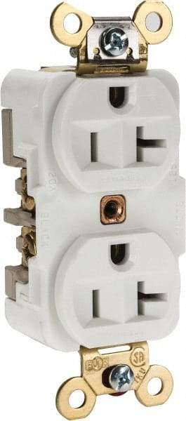 Hubbell Wiring Device-Kellems - 125 VAC, 20 Amp, 5-20R NEMA Configuration, White, Specification Grade, Self Grounding Duplex Receptacle - 1 Phase, 2 Poles, 3 Wire, Flush Mount, Corrosion, Heat and Impact Resistant - Strong Tooling