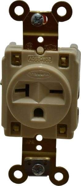 Hubbell Wiring Device-Kellems - 250 VAC, 20 Amp, 6-20R NEMA Configuration, Ivory, Specification Grade, Self Grounding Single Receptacle - 1 Phase, 2 Poles, 3 Wire, Flush Mount - Strong Tooling