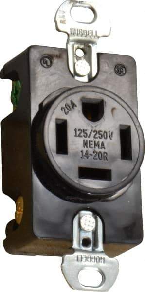 Hubbell Wiring Device-Kellems - 125/250 VAC, 20 Amp, 14-20R NEMA Configuration, Black, Specification Grade, Self Grounding Single Receptacle - 1 Phase, 3 Poles, 4 Wire, Flush Mount - Strong Tooling