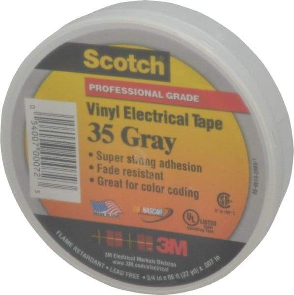 3M - 3/4" x 66', Gray Vinyl Electrical Tape - Series 35, 7 mil Thick, 1,250 V/mil Dielectric Strength, 17 Lb./Inch Tensile Strength - Strong Tooling