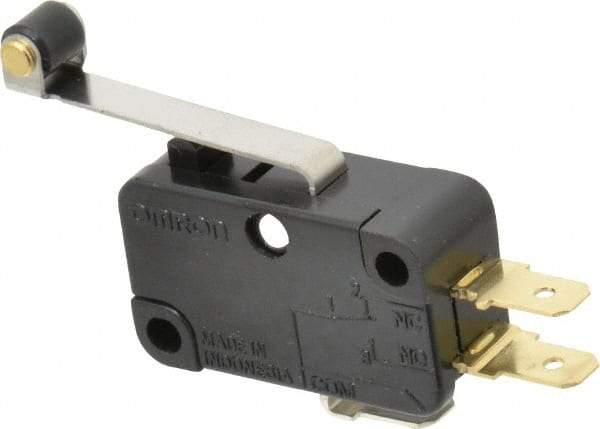 Omron - 0.6 Amp at 125 VDC, 0.3 Amp at 250 VDC, 10 Amp at 250 VAC, SPDT, Hinge Roller Lever, General Purpose Snap Action Switch - 250 VAC, Quick Connect Terminal, 4.4 Ounce Max Operating Force, 18.8mm High x 37.8mm Long x 10.3mm Wide, -13 to 176°F - Strong Tooling