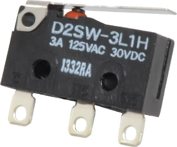 Omron - 3 Amp at 30 VDC, 3 Amp at 125 VAC, 2 Amp at 250 VAC, SPDT, Hinge Lever, Sealed Miniature Snap Action Switch - 250 VAC, 30 VDC, Solder Terminal, 2.12 Ounce Max Operating Force, 0.47 Inch High x 0.78 Inch Long x 1/4 Inch Wide, -13 to 185°F - Strong Tooling