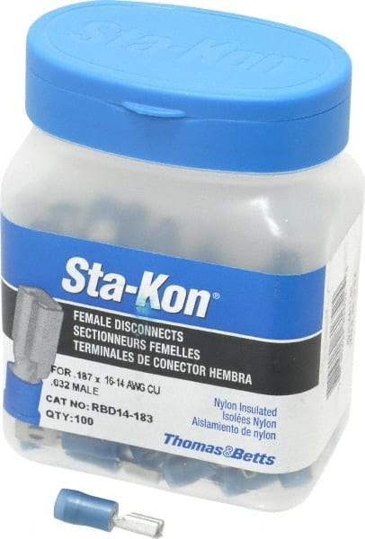 Thomas & Betts - 16 to 14 AWG, Nylon, Fully Insulated, Female Wire Disconnect - 3/16 Inch Wide Tab, Blue, CSA Certified, RoHS Compliant, UL 94 V-2, UL File E66716, UL Listed - Strong Tooling