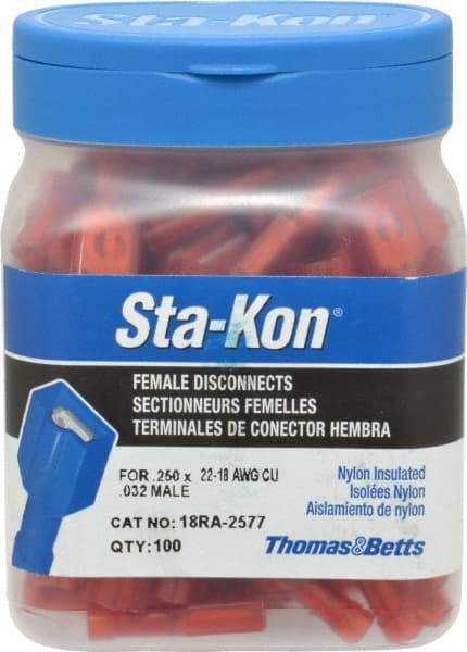 Thomas & Betts - 22 to 18 AWG, Nylon, Fully Insulated, Female Wire Disconnect - 1/4 Inch Wide Tab, Red, CSA Certified, RoHS Compliant, UL 94 V-2, UL File E66716, UL Listed - Strong Tooling