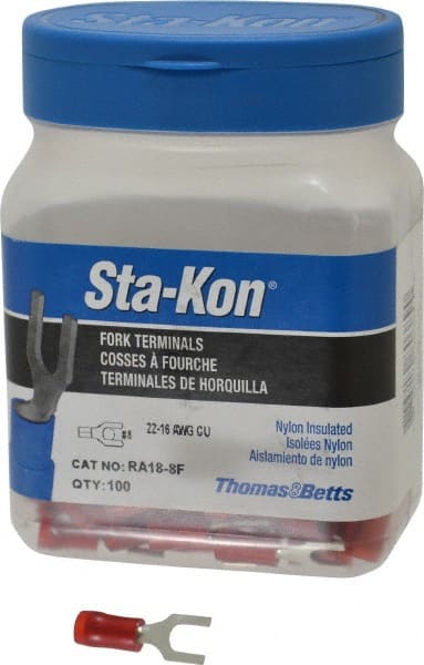 Thomas & Betts - #8 Stud, 22 to 16 AWG Compatible, Partially Insulated, Crimp Connection, Standard Fork Terminal - Strong Tooling