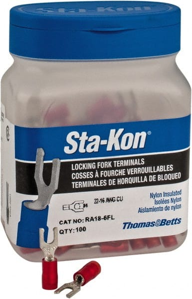 Thomas & Betts - #6 Stud, 22 to 16 AWG Compatible, Partially Insulated, Crimp Connection, Locking Fork Terminal - Strong Tooling