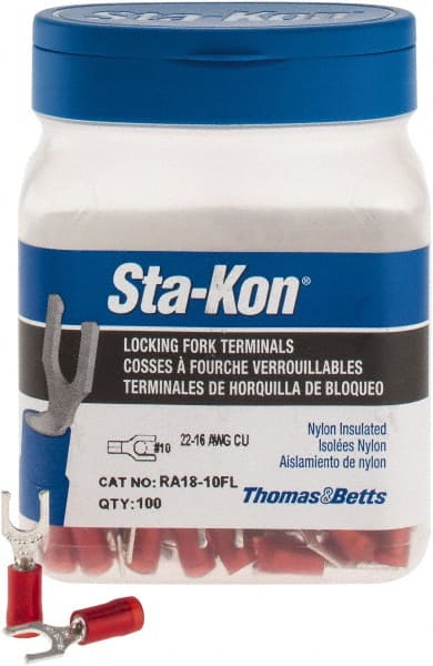 Thomas & Betts - #10 Stud, 22 to 16 AWG Compatible, Partially Insulated, Crimp Connection, Locking Fork Terminal - Strong Tooling