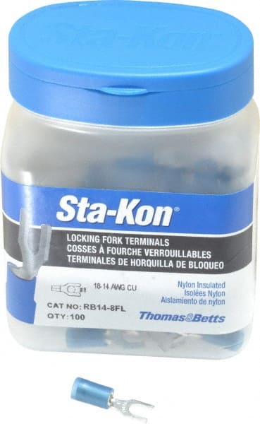 Thomas & Betts - #8 Stud, 18 to 14 AWG Compatible, Partially Insulated, Crimp Connection, Locking Fork Terminal - Strong Tooling