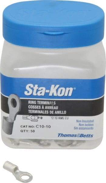 Thomas & Betts - 12-10 AWG Noninsulated Crimp Connection D Shaped Ring Terminal - #10 Stud, 0.85" OAL x 0.38" Wide, Tin Plated Copper Contact - Strong Tooling