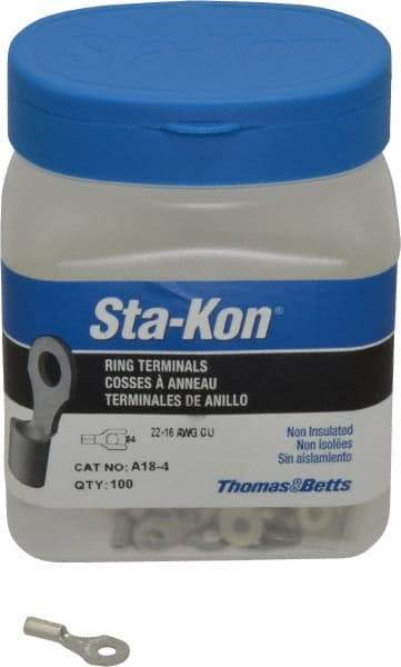 Thomas & Betts - 22-16 AWG Noninsulated Crimp Connection D Shaped Ring Terminal - #4 Stud, 3/4" OAL x 0.31" Wide, Tin Plated Copper Contact - Strong Tooling