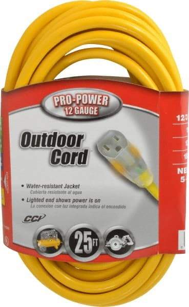 Southwire - 25', 12/3 Gauge/Conductors, Yellow Indoor & Outdoor Extension Cord - 1 Receptacle, 15 Amps, 125 VAC, UL SJTW, NEMA 5-15P, 5-15R - Strong Tooling