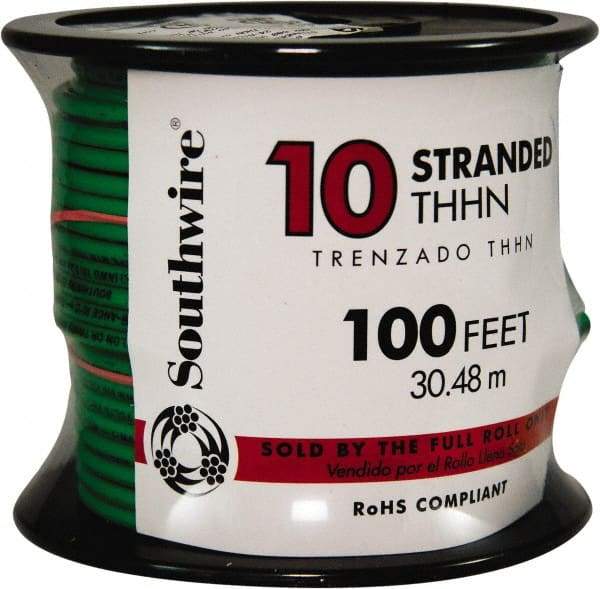 Southwire - THHN/THWN, 10 AWG, 30 Amp, 100' Long, Stranded Core, 19 Strand Building Wire - Green, Thermoplastic Insulation - Strong Tooling