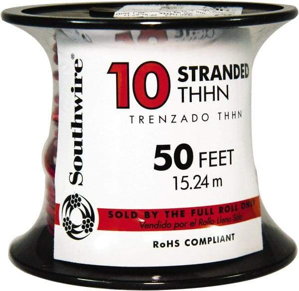 Southwire - THHN/THWN, 10 AWG, 30 Amp, 50' Long, Stranded Core, 19 Strand Building Wire - Red, Thermoplastic Insulation - Strong Tooling