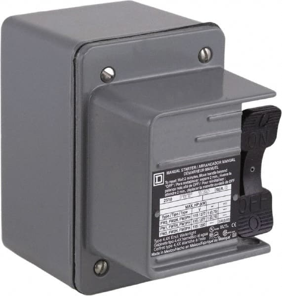 Square D - 2 Poles, 16 Amp, NEMA, Enclosed Toggle Manual Motor Starter - 1 hp at 115 VAC, 1 hp at 230 VAC, 1 hp at 277 VAC, 3/4 hp at 115 VDC & 3/4 hp at 230 VDC, CE, CSA, NEMA 4 & UL Listed - Strong Tooling