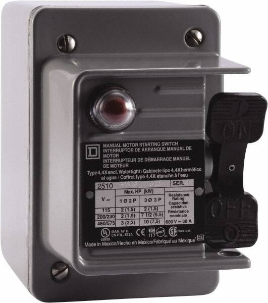 Square D - 3 Poles, 30 Amp, NEMA, Enclosed Toggle Manual Motor Starter - 1 hp at 90 VDC, 10 hp at 460 VAC, 10 hp at 575 VAC, 1-1/2 hp at 230 VDC, 2 hp at 115 VAC, 2 hp at 115 VDC & 7-1/2 hp at 230 VAC, CE, CSA, NEMA 4 & UL Listed - Strong Tooling