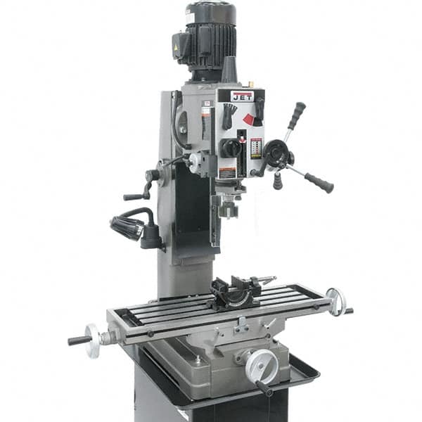 Jet - 3 Phase, 19-11/16" Swing, Geared Head Mill Drill Combination - 32-1/4" Table Length x 9-1/2" Table Width, 20-1/2" Longitudinal Travel, 8-1/4" Cross Travel, Variable Spindle Speeds, 1.5 hp, 230 Volts - Strong Tooling