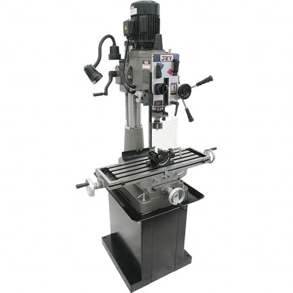 Jet - 1 Phase, 20-1/2" Swing, Geared Head Mill Drill Combination - 32-1/4" Table Length x 9-1/2" Table Width, 20-1/2" Longitudinal Travel, 8-1/4" Cross Travel, 6 Spindle Speeds, 1.5 hp, 115/230 Volts - Strong Tooling