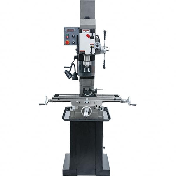 Jet - 1 Phase, 19-11/16" Swing, Geared Head Mill Drill Combination - 32-1/4" Table Length x 9-1/2" Table Width, 20-1/2" Longitudinal Travel, 8-1/4" Cross Travel, Variable Spindle Speeds, 1.5 hp, 115/230 Volts - Strong Tooling