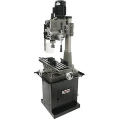 Jet - 1 Phase, 19-11/16" Swing, Geared Head Mill Drill Combination - 32-1/4" Table Length x 9-1/2" Table Width, 20-1/2" Longitudinal Travel, 8-1/4" Cross Travel, 6 Spindle Speeds, 1.5 hp, 115/230 Volts - Strong Tooling