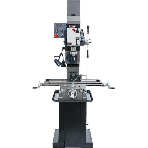 Jet - 3 Phase, 19-11/16" Swing, Geared Head Mill Drill Combination - 32-1/4" Table Length x 9-1/2" Table Width, 20-1/2" Longitudinal Travel, 8-1/4" Cross Travel, Variable Spindle Speeds, 1.5 hp, 230 Volts - Strong Tooling