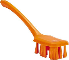 Vikan - 2-3/4" Bristle Length, Polyester Scrub Brush - 12" Long x 2-7/8" Wide Head, 15-1/2" OAL, Long Handle, Orange, Polypropylene Block - Strong Tooling