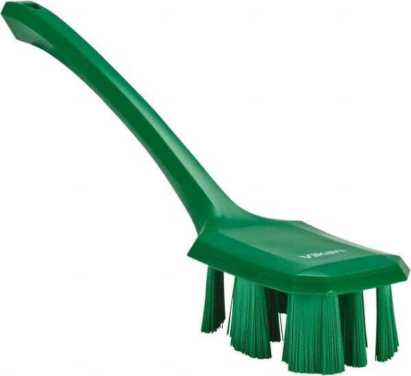 Vikan - 2-3/4" Bristle Length, Polyester Scrub Brush - 12" Long x 2-7/8" Wide Head, 15-1/2" OAL, Long Handle, Green, Polypropylene Block - Strong Tooling