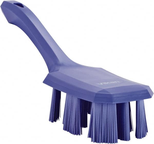 Vikan - 2-3/4" Bristle Length, Polyester Scrub Brush - 8" Long x 2-7/8" Wide Head, 10" OAL, Short Handle, Purple, Polypropylene Block - Strong Tooling