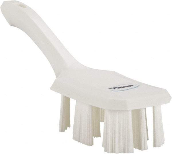 Vikan - 2-3/4" Bristle Length, Polyester Scrub Brush - 8" Long x 2-7/8" Wide Head, 10" OAL, Short Handle, White, Polypropylene Block - Strong Tooling