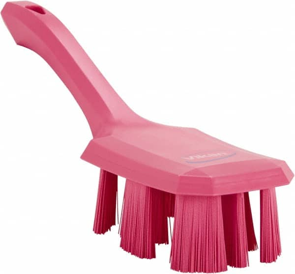 Vikan - 2-3/4" Bristle Length, Polyester Scrub Brush - 8" Long x 2-7/8" Wide Head, 10" OAL, Short Handle, Pink, Polypropylene Block - Strong Tooling