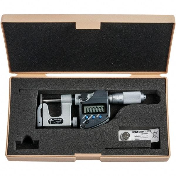 Mitutoyo - 0 to 1" Range, 0.00005" Resolution, Interchangeable Anvil Type Throat IP65 Electronic Outside Micrometer - 0.0002" Accuracy, Friction Thimble, Carbide-Tipped Face, SR44 Battery - Strong Tooling