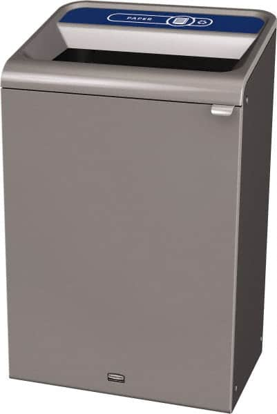 Rubbermaid - 33 Gal Gray Rectangle Decorative Indoor Single Stream Waste Receptacle - Metal, Paper Graphic, 37.965" High x 24.051" Long x 19-1/2" Wide, Lid Included - Strong Tooling