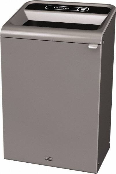 Rubbermaid - 33 Gal Gray Rectangle Decorative Indoor Single Stream Waste Receptacle - Metal, Landfill Graphic, 37.965" High x 24.051" Long x 19-1/2" Wide, Lid Included - Strong Tooling