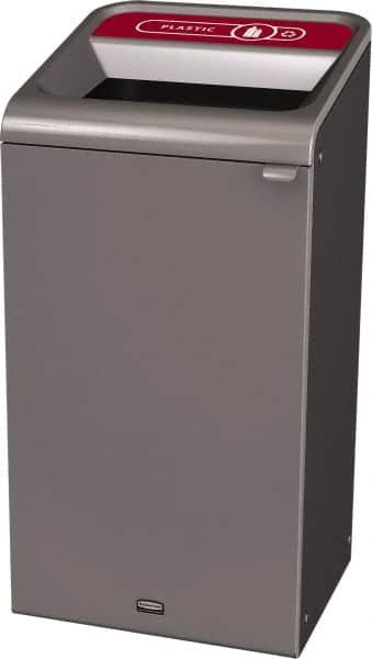 Rubbermaid - 23 Gal Gray Rectangle Decorative Indoor Single Stream Waste Receptacle - Metal, Plastic Graphic, 37.965" High x 19.588" Long x 19-1/2" Wide, Lid Included - Strong Tooling