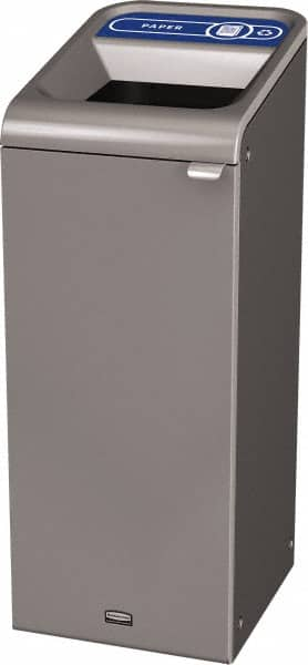 Rubbermaid - 15 Gal Gray Rectangle Decorative Indoor Single Stream Waste Receptacle - Metal, Paper Graphic, 37.965" High x 14.784" Long x 19-1/2" Wide, Lid Included - Strong Tooling