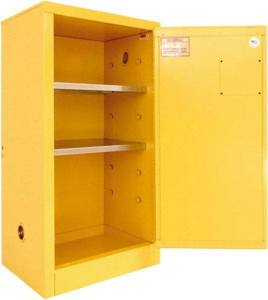 Securall Cabinets - 1 Door, 2 Shelf, Yellow Steel Standard Safety Cabinet for Flammable and Combustible Liquids - 44" High x 24" Wide x 18" Deep, Manual Closing Door, 3 Point Key Lock, 20 Gal Capacity - Strong Tooling