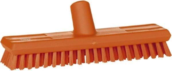 Vikan - 1" Bristle Length, Polyester Scrub Brush - 10-5/8" Long x 2-1/2" Wide Head, 11" OAL, European Threaded Handle, Orange, Polypropylene Block - Strong Tooling