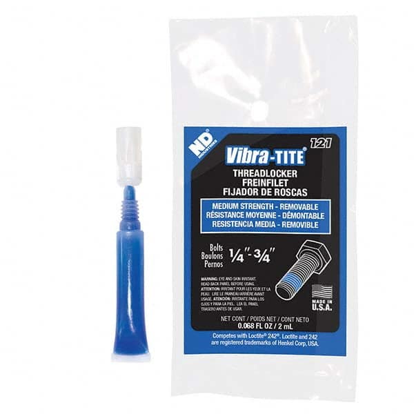 Threadlocker: Blue, Liquid, 2 mL, Tube Medium Strength, 300 ° F Max, Series 121