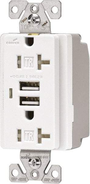 Cooper Wiring Devices - 2 USB Port, 2 Receptacle, 125 VAC, 5 VDC USB Receptacle - 5-15R NEMA Configuration, 20 Amp, White, 2.1 Amp Charging Power, Automatic Grounding, Screw Mount - Strong Tooling