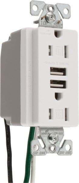 Cooper Wiring Devices - 2 USB Port, 2 Receptacle, 125 VAC, 5 VDC USB Receptacle - 5-15R NEMA Configuration, 15 Amp, White, 2.1 Amp Charging Power, Automatic Grounding, Screw Mount - Strong Tooling